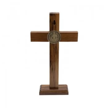 CRUCIFIXO MADEIRA FRISADA DE MESA SÃO BENTO